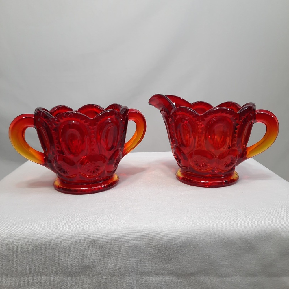 Vintage LE Smith Amberina Moon and Stars Creamer and Sugar Bowl Set Red Orange